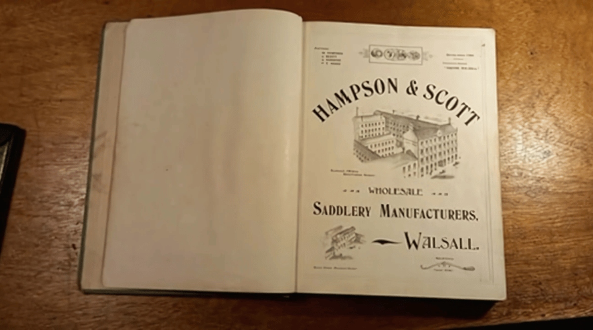 Photo of an old sales catalogue dating back over 100 years highlighting the heritage of leather manufacturing and work in Walsall. Photos of the inside front cover ‘Hampson & Scott, wholesale saddlery manufacturers, Walsal