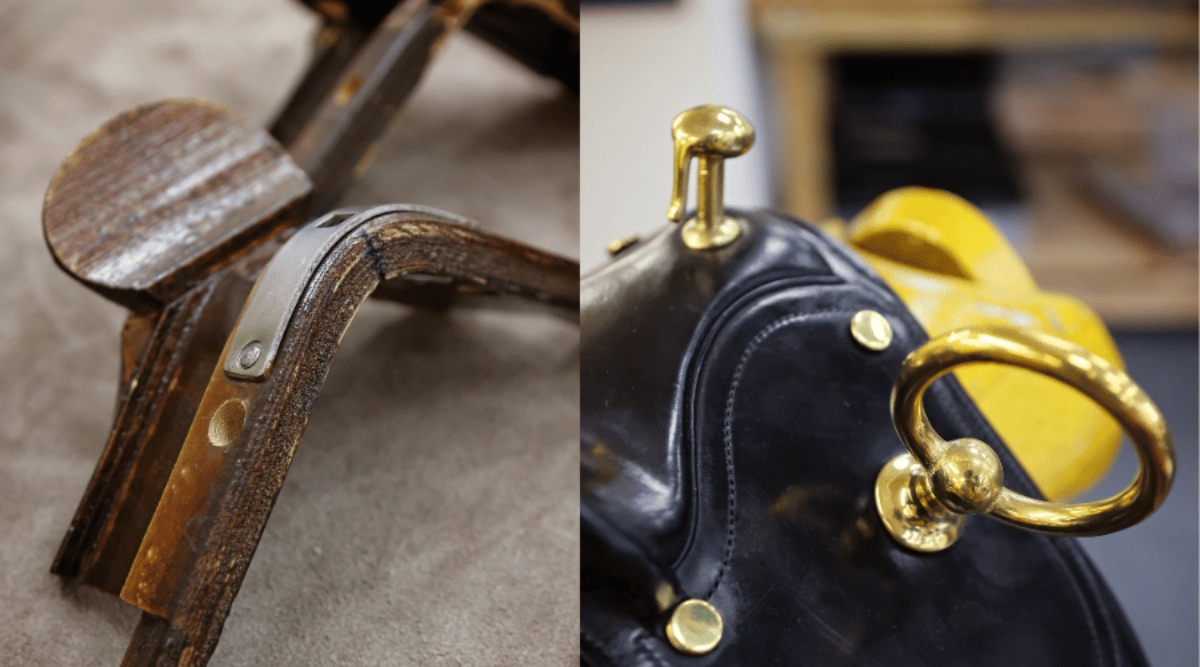 Here is a tree which is the frame of a gig saddle that is used within harness as a way for the horse to support a rider. On the right is a completed gig saddle with metal hardware showing as a gold colour against the black leather.