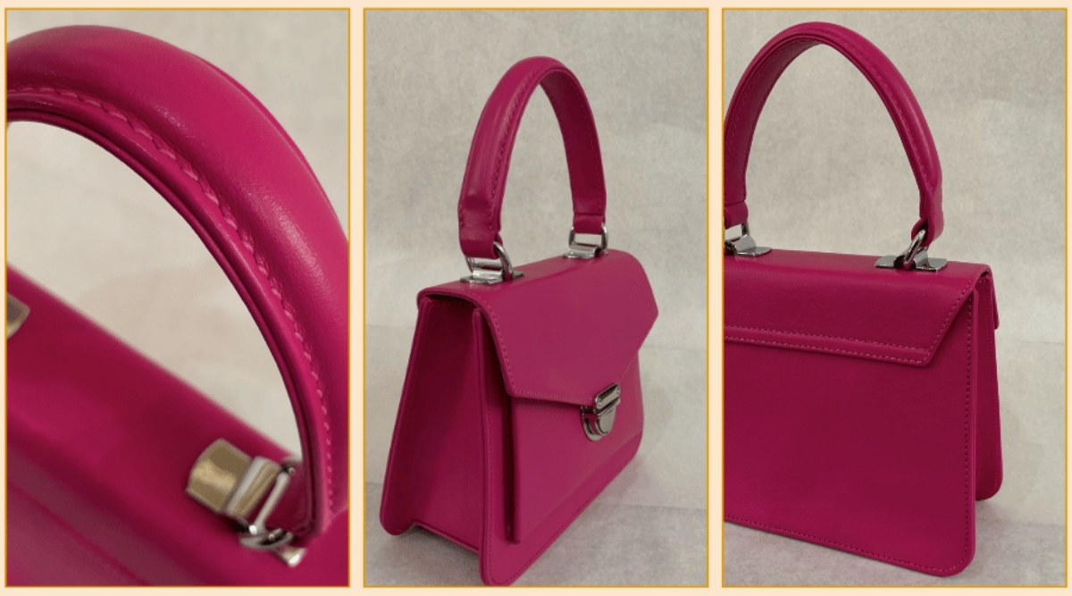 Three images of a pink leather handbag made by students of the tutor for the pattern course at Walsall Leather Skills Centre.