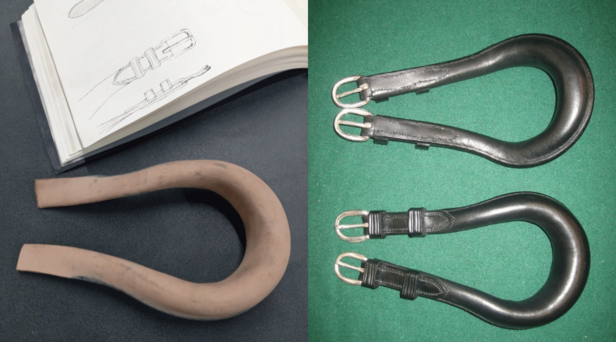 Two photos from the intermediate harness course at Walsall Leather Centre showing the process of making a dock. The left shows the start of the process and the right shows the top and underside of a completed black leather harness dock.