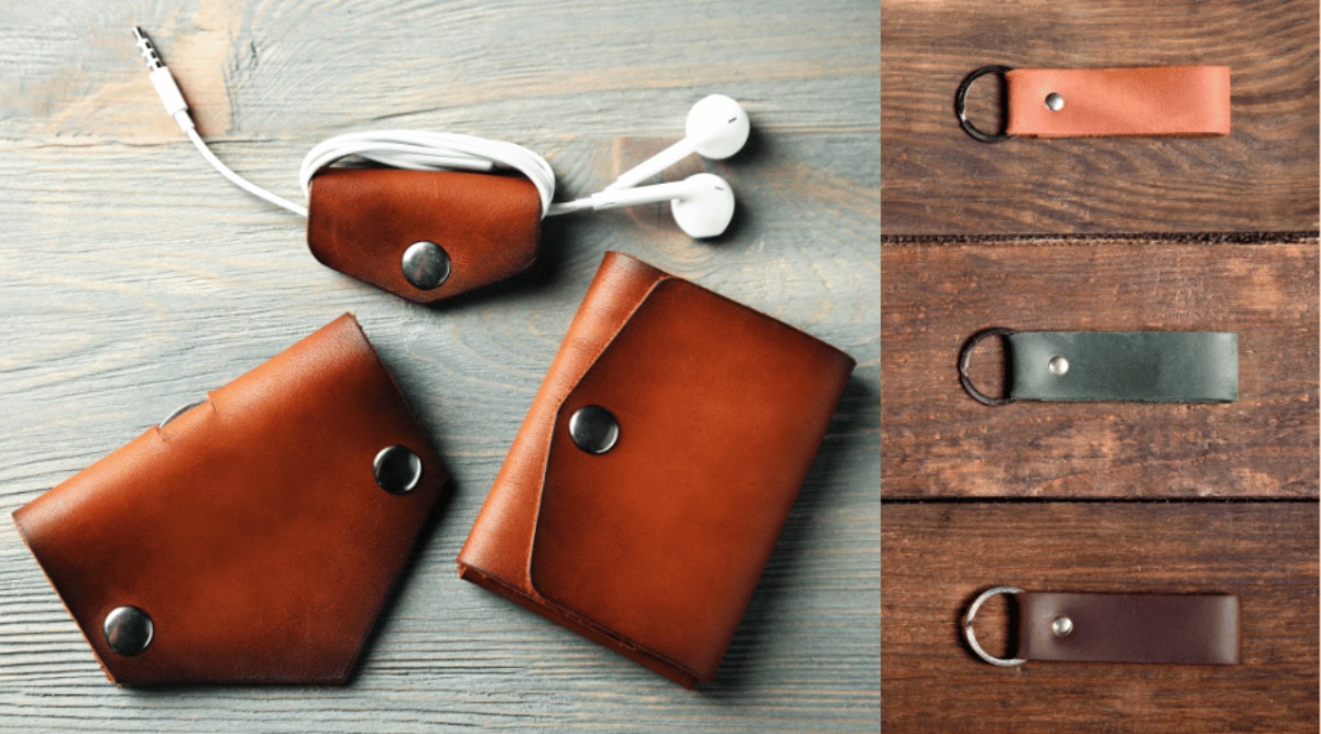 An image of leather accessories that could be made on a team building day at the Walsall Leather Skills Centre. Leather pouches and headphone tidy along with a second image of a wooden workbench and three leather key rings.