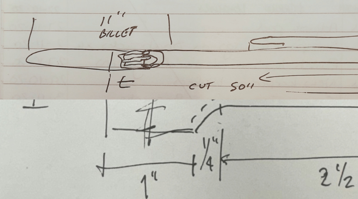 Two simple, rough drawings and sketches used to convey the information needed for the making of leather straps