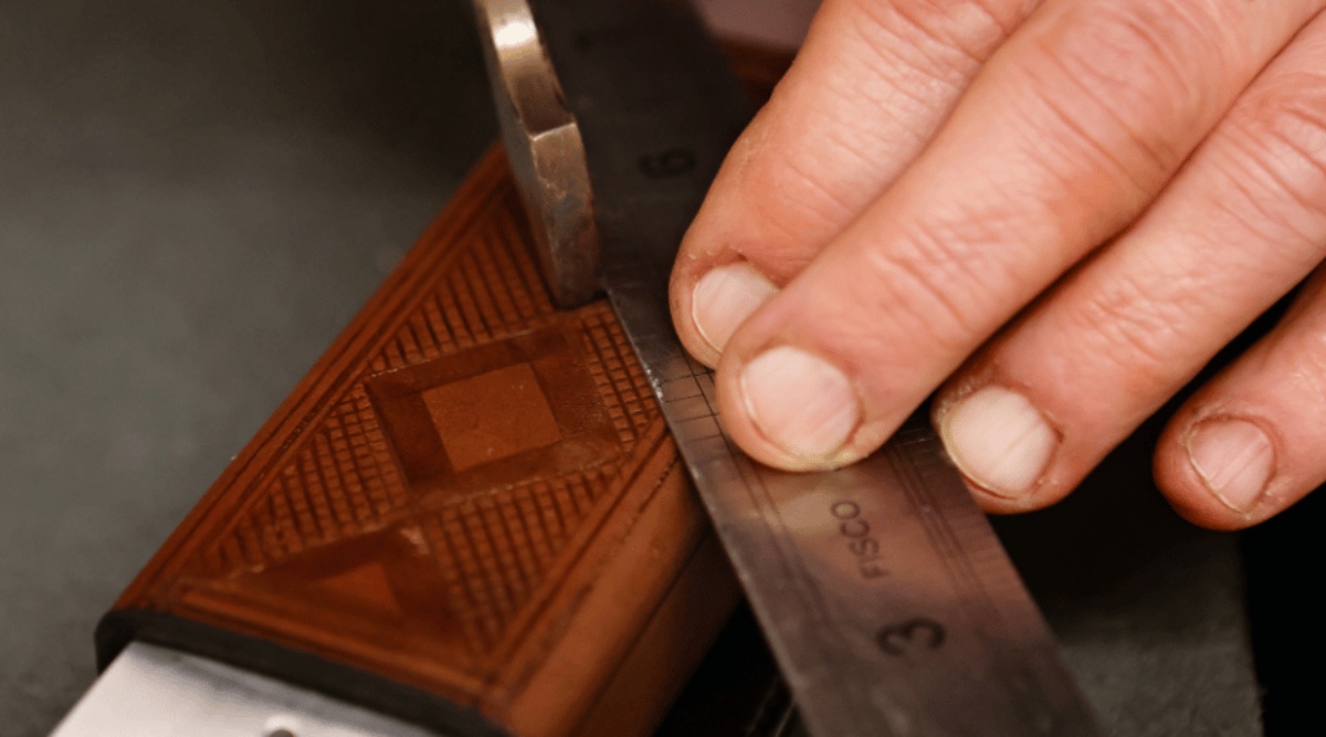 A close up image of box chequering on the advanced harness course at the walsall leather skills centre.